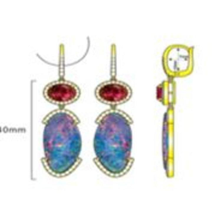 14K Yellow Gold Australian Opal Doublet/Raspberry Tourmaline//Diamond Earrings ,H