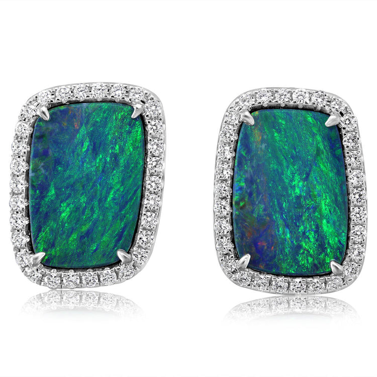 14K White Gold Australian Opal Doublet/Diamond Earrings