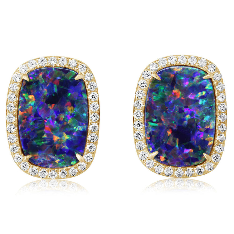 14K Yellow Gold Australian Opal Doublet/Diamond Earrings