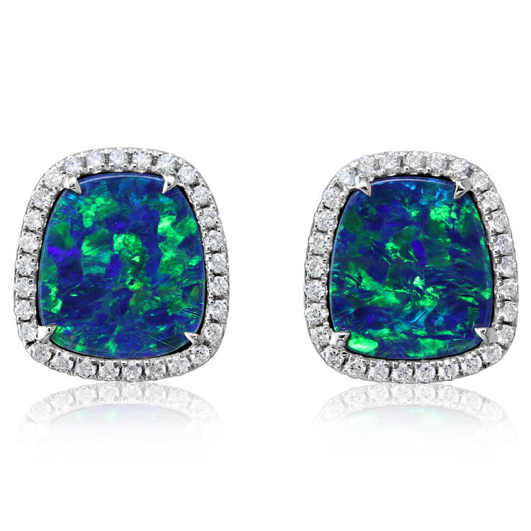 14K White Gold Australian Opal Doublet/Diamond Earrings