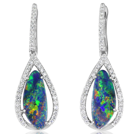 14K White Gold Australian Opal Doublet/Diamond Earrings