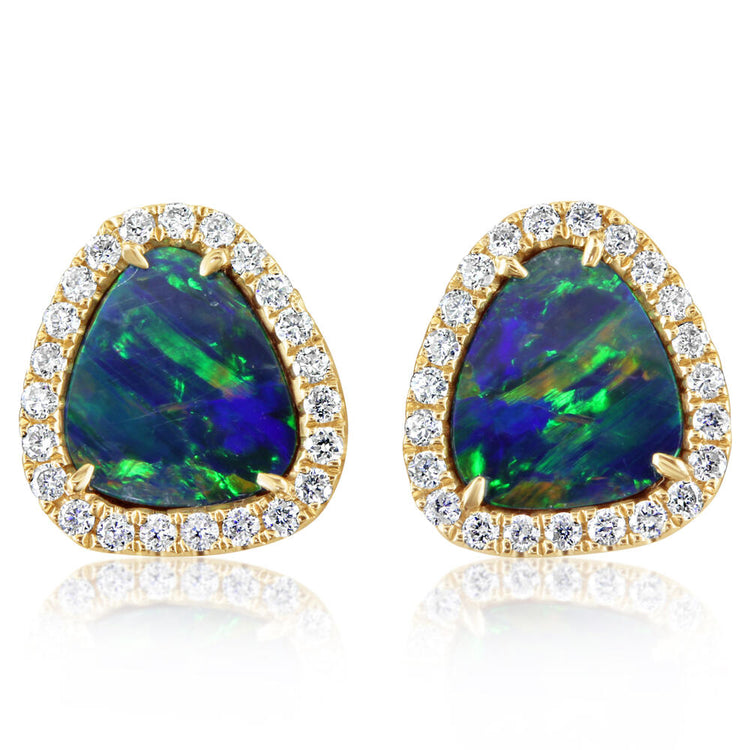 14K Yellow Gold Australian Opal Doublet/Diamond Earrings