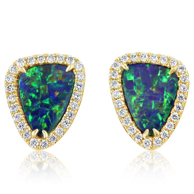 14K Yellow Gold Australian Opal Doublet/Diamond Earrings