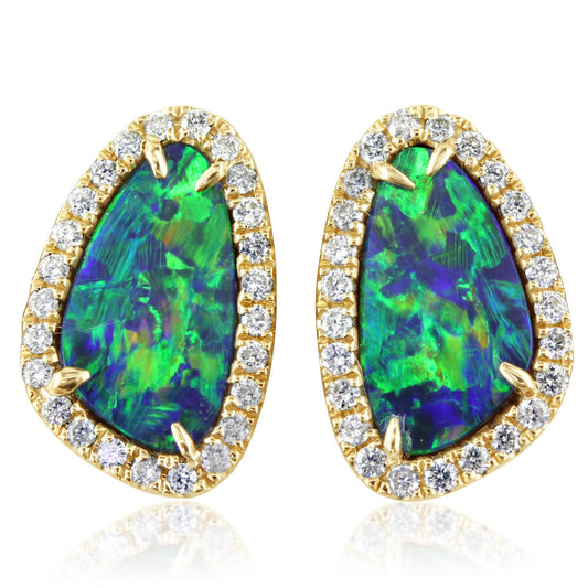 14K Yellow Gold Australian Opal Doublet/Diamond Earrings