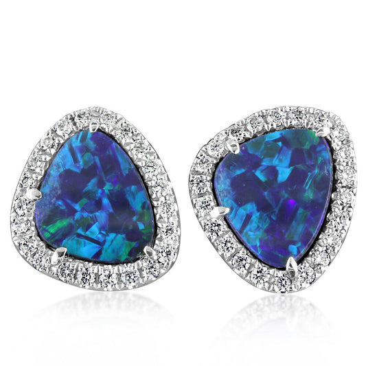 14K White Gold Australian Opal Doublet/Diamond Earrings