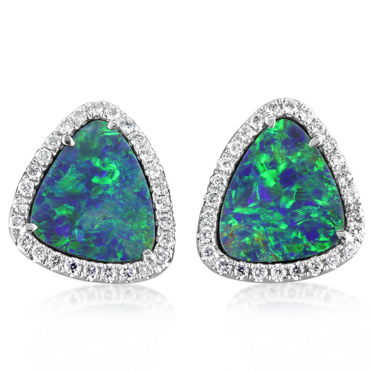 14K White Gold Australian Opal Doublet/Diamond Earrings