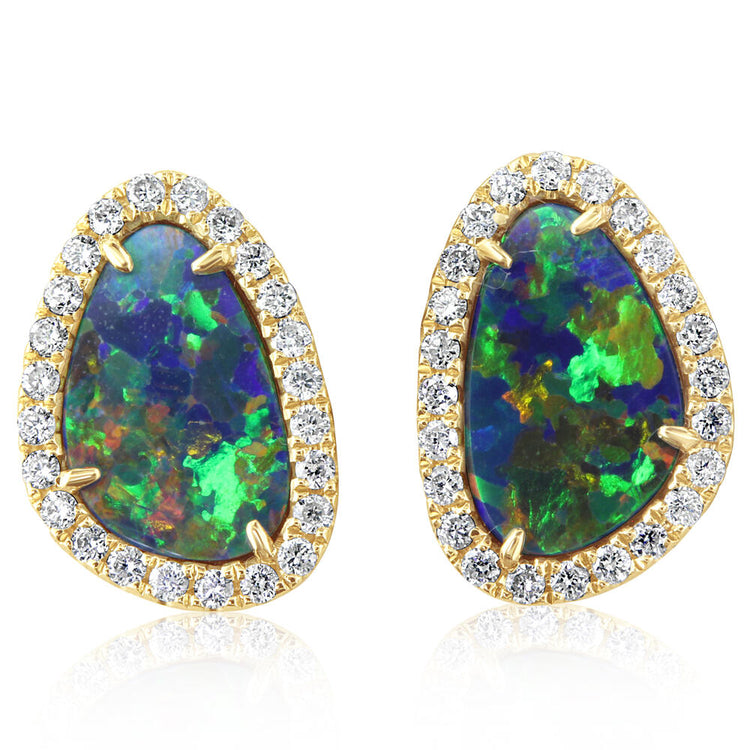 14K Yellow Gold Australian Opal Doublet/Diamond Earrings