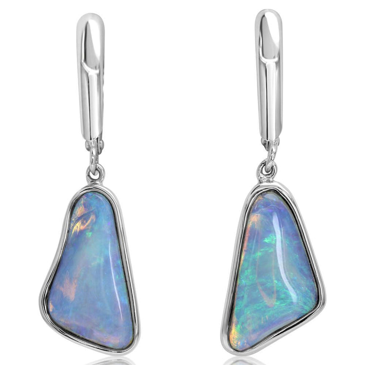 14K White Gold Australian Opal Freeform Earrings