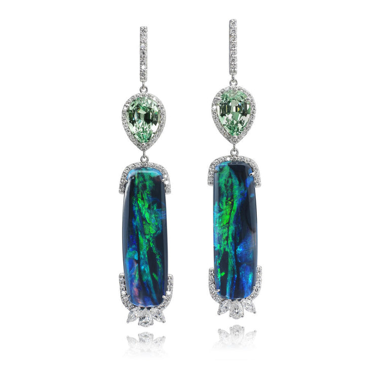 18K White Gold Australian Black Opal/Tsavorite Earrings