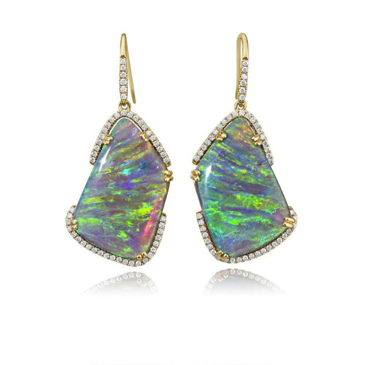 18K Yellow Gold Australian Black Opal/Diamond Earrings