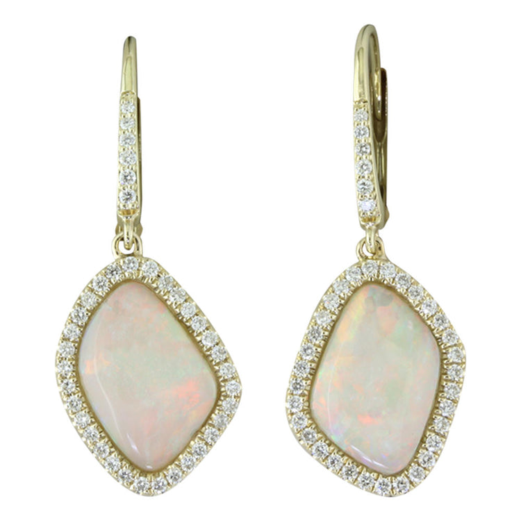 14K Yellow Gold Australian Opal/Diamond Halo Earrings