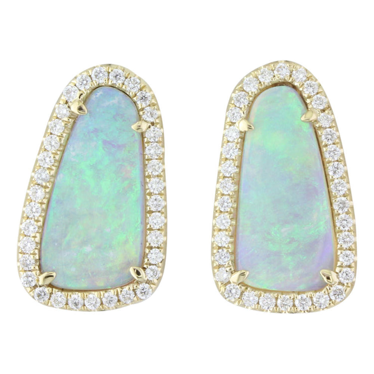 14K Yellow Gold Australian Opal/Diamond Halo Dangle Earrings