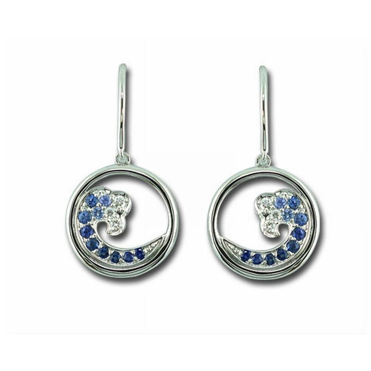 14K White Gold Graduated Blue Sapphire/Diamond Wave 15mm Earrings