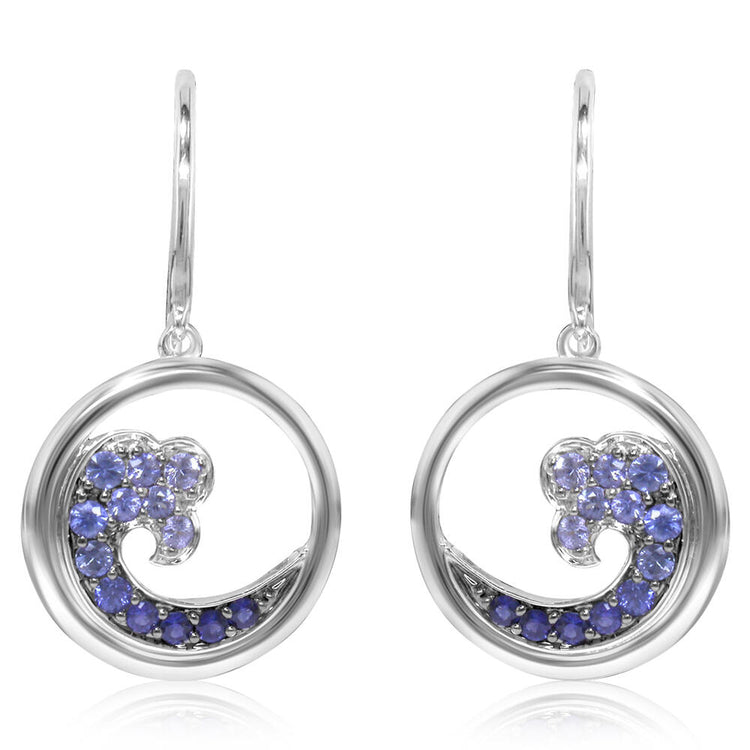 14K White Gold Nature Graduated Blue Sapphire Wave 15mm Earrings