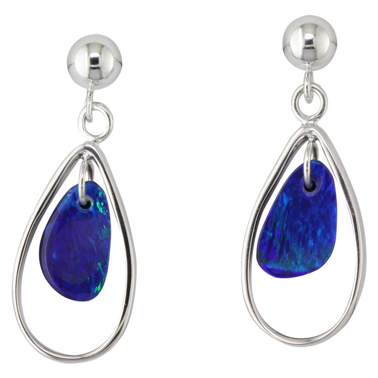 14K White Gold Australian Opal Doublet Dangle Earrings