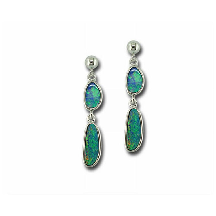 14K White Gold Australian Opal Doublet Earrings