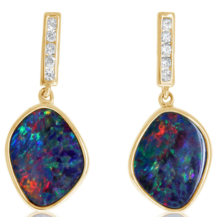 14K Yellow Gold Australian Opal Doublet/Diamond Earrings