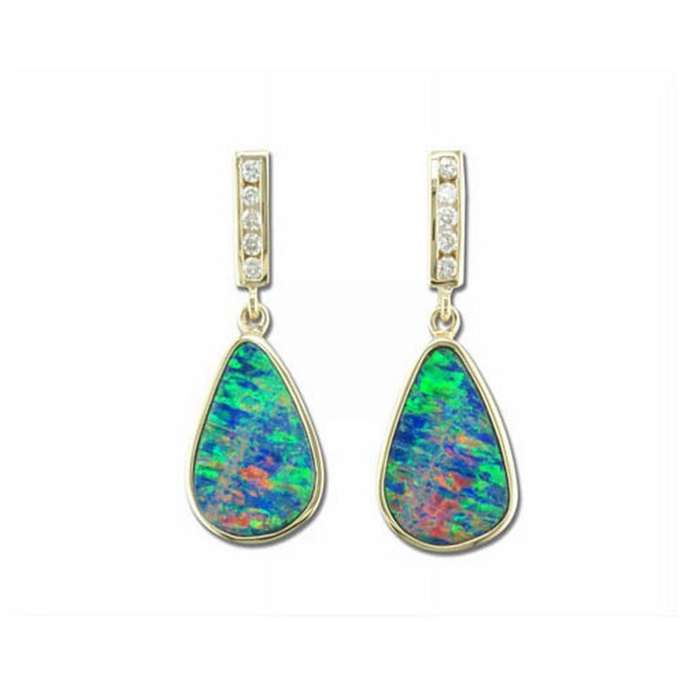 14K Yellow Gold Australian Opal Doublet/Diamond Earrings