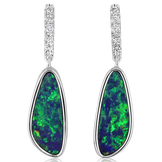 14K White Gold Australian Opal Doublet/Diamond Earrings