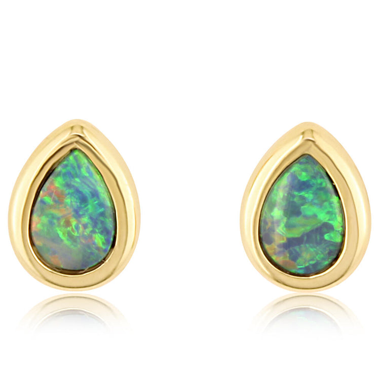 14K Yellow Gold 6x4 Pear Australian Opal Doublet Earrings