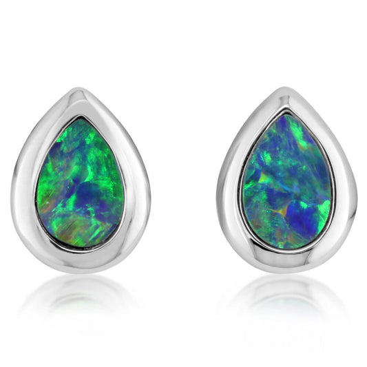 14K White Gold 6x4 Pear Australian Opal Doublet Earrings