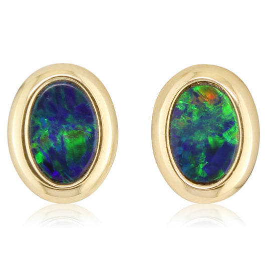 14K Yellow Gold 4x6 Oval Australian Opal Doublet Earrings