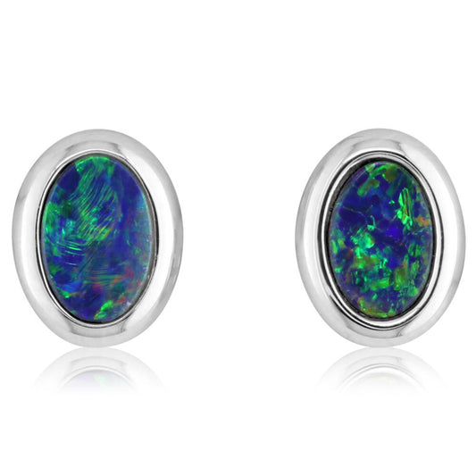 14K White Gold 4x6 Oval Australian Opal Doublet Earrings