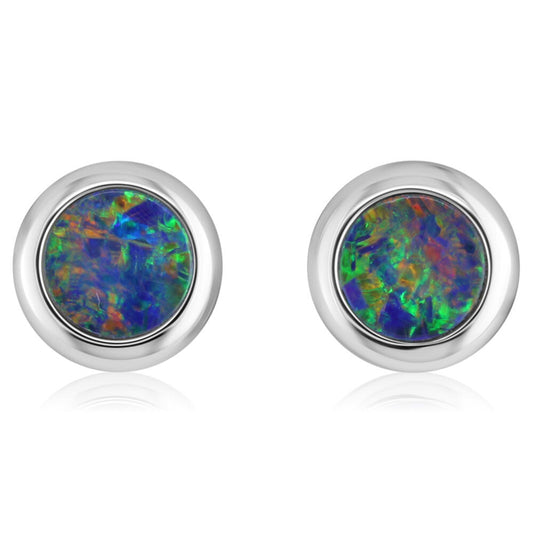 14K White Gold 5mm Round Australian Opal Doublet Earrings