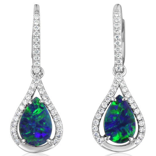 14K White Gold Australian Opal Doublet/Diamond Earrings