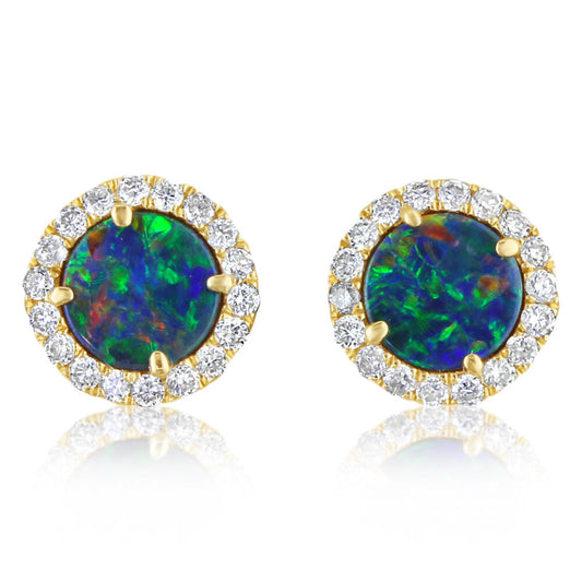 14K Yellow Gold Australian Opal Doublet/Diamond Earrings