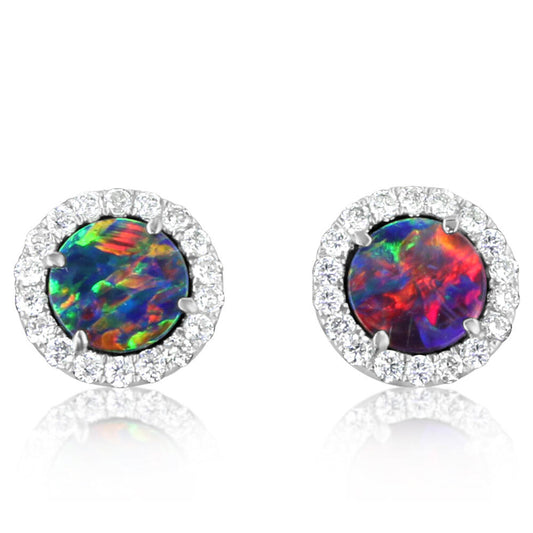 14K White Gold Australian Opal Doublet/Diamond Earrings