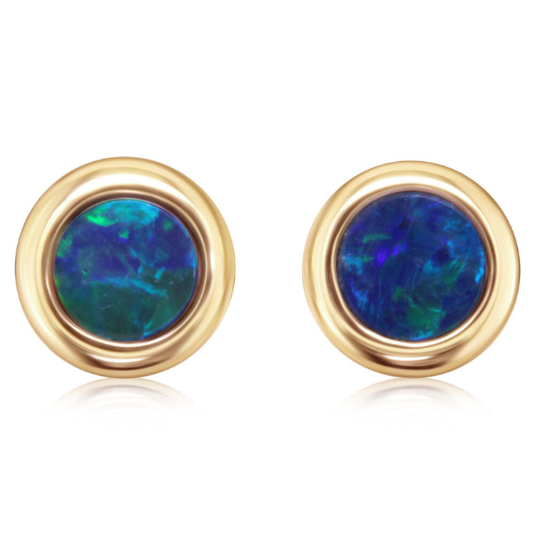 14K Yellow Gold 4mm Round Australian Opal Doublet Earrings