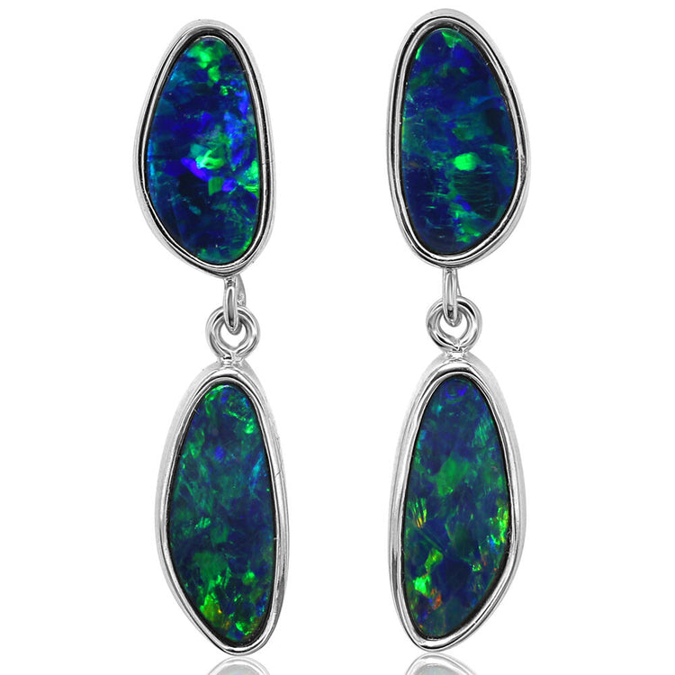 14K White Gold Australian Opal Doublet Earrings