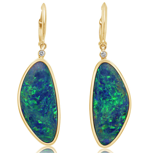 14K Yellow Gold Australian Opal Doublet/Diamond Earrings