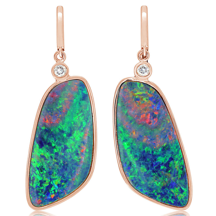 14K Rose Gold Australian Opal Doublet/Diamond Earrings