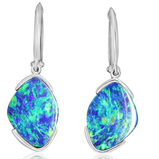 14K White Gold Australian Opal Doublet Earrings