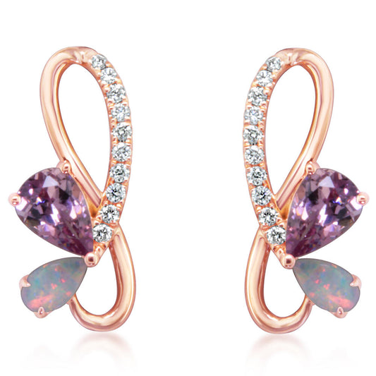 14K Rose Gold Lotus Garnet/Australian Opal/Diamond Earrings