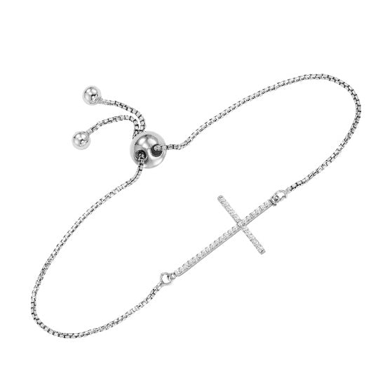 Silver Diamond Cross Bolo Bracelet 1/7 ctw