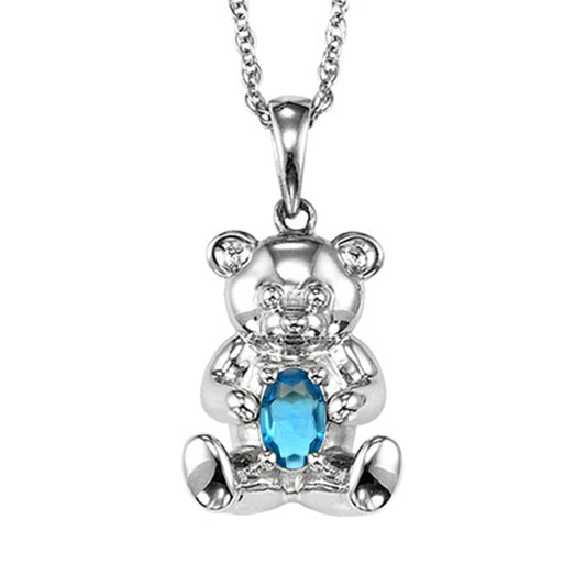 Silver Teddy Bear Birthstone Pendant - Aqua - March