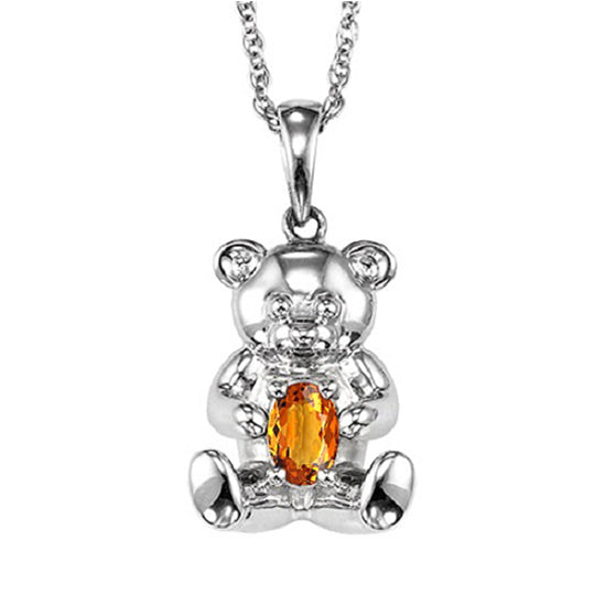 Silver Teddy Bear Birthstone Pendant - Citrine - November