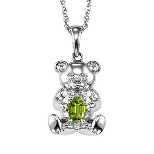 Silver Teddy Bear Birthstone Pendant - Peridot - August