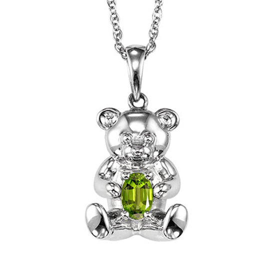 Silver Teddy Bear Birthstone Pendant - Peridot - August