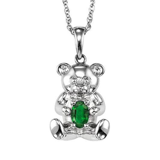 Silver Teddy Bear Birthstone Pendant - Emerald - May