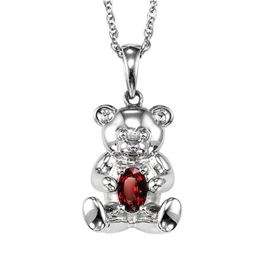 Silver Teddy Bear Birthstone Pendant - Garnet - January