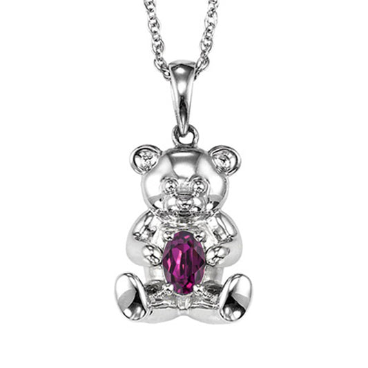 Silver Teddy Bear Birthstone Pendant - Amethyst - February