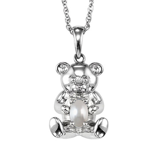 Silver Teddy Bear Birthstone Pendant - Pearl - June