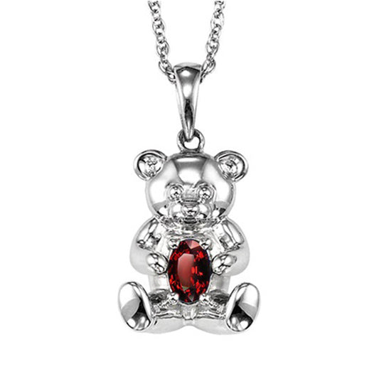 Silver Teddy Bear Birthstone Pendant - Ruby - July