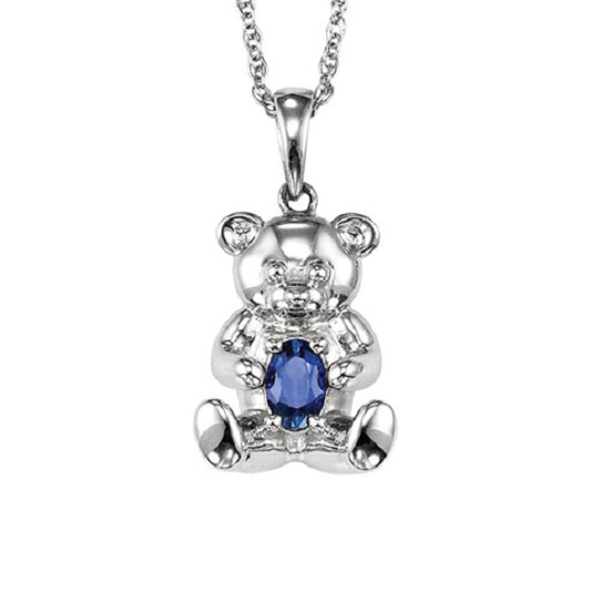 Silver Teddy Bear Birthstone Pendant - Sapphire - September