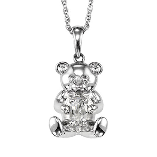 Silver Teddy Bear Birthstone Pendant - White Topaz - April