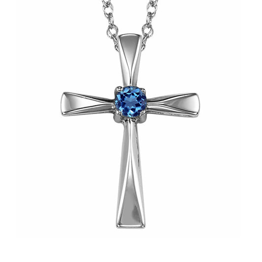 Silver Cross Birthstone Pendant  - Blue Topaz - December